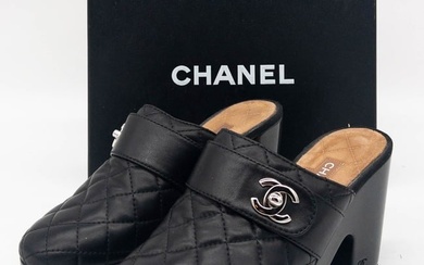 Chanel Black Quilted Lambskin Leather CC Clogs, size 40.5