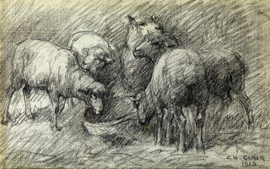 Charles CLAIR (1860-1930) Sheep drinking Pencil drawing signed...
