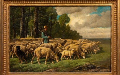 Charles Ferdinand CERAMANO (1829-1909). Berger et ses moutons. Huile sur toile, signée en bas à...