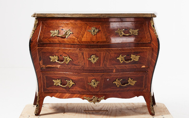 Chest of drawers, rococo, veneered in various woods, including walnut, contoured limestone top, gilded brass fittings.