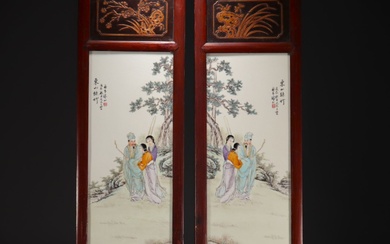 China - Pair of porcelain and wood panels decorated with...
