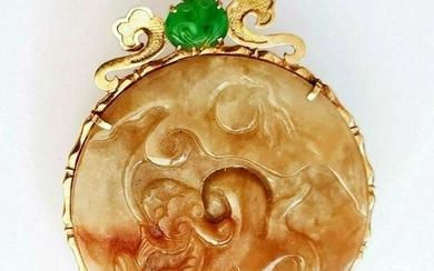 Chinese 14k Y. Gold Jade Plaque Pendant Dragon (GoH)#7b