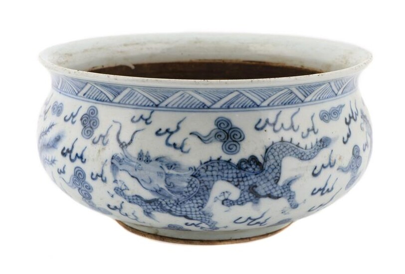 Chinese Blue & White Porcelain Dragon Bowl, Double