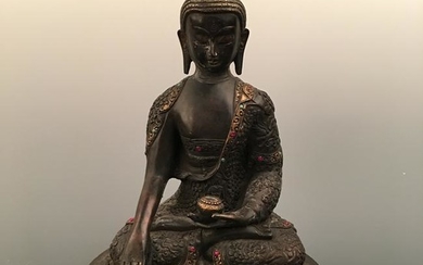 Chinese Bronze Buddha Figure Inlaid Gemstones