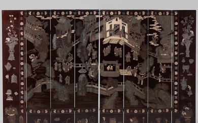 Chinese Brown and Polychrome Coromandel Lacquer Eight Panel Screen