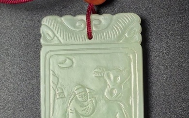 Chinese Celadon Jade Carved Rectangular Pendant