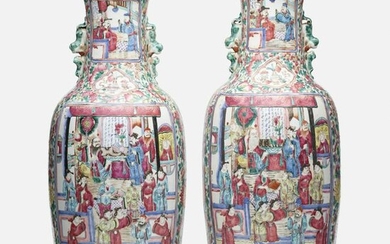 Chinese Export, Large Canton Rose 'Figural' vases, pair