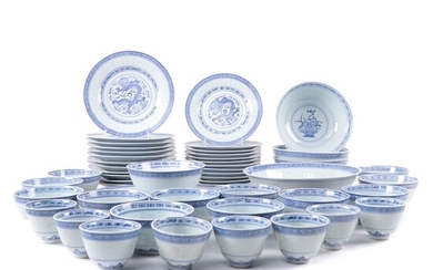 Chinese Porcelain Blue and White Rice Grain Tableware, Late 20th Century