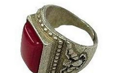 Chinese Tibetan Silver Inlay Red Jade Ring
