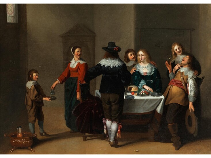 Christoph Jacobsz. van der Lamen, um 1606 Brüssel – um 1651 Antwerpen, Werkstatt des, Gesellschaft bei gedecktem Tisch