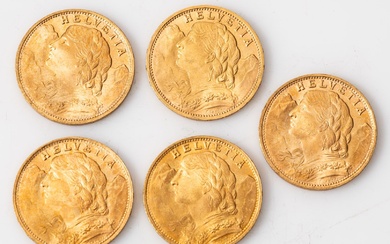 Cinq pièces en or de 20 francs Helvetia (5... - Lot 5 - Rossini