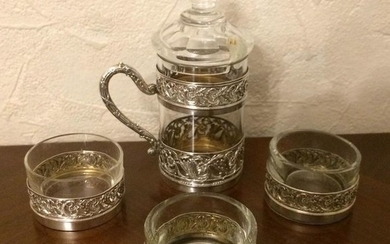 Collet, Raymond 1911 Paris. Rare mustardier + Three caviar pots in crystal and sterling silver - .950 silver - France - Early 20th century