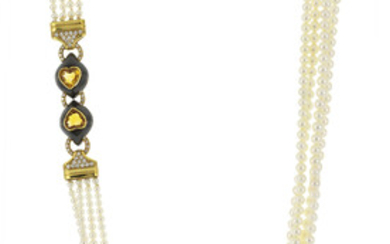 Collier 4 rangs de perles de culture blanches, fermoir or et or noirci 750 serti de citrines et de diamants