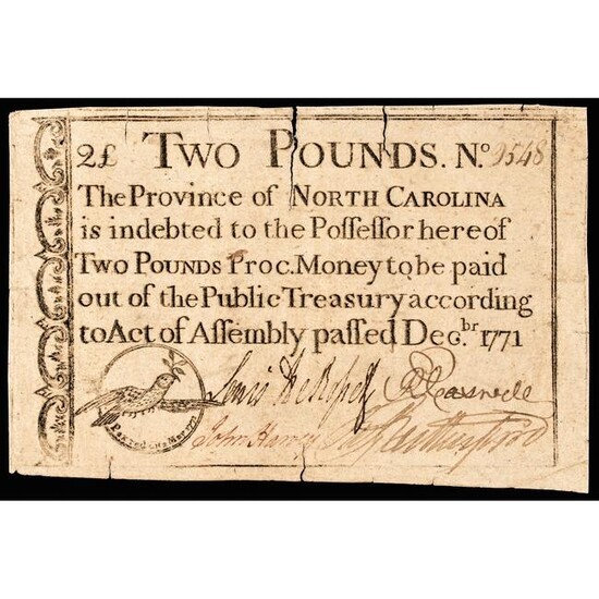 Colonial Currency, NC. Dec. 1771 2 Pounds Note