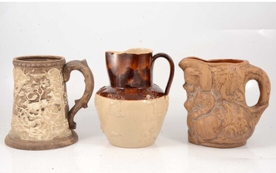 Continental pottery hunting tankard and two stoneware jugs
