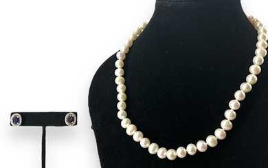 Cultured Freshwater Pearl Necklace and "NWT" Lab-Created Sapphire Sterling Earrings
