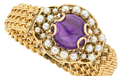 Cultured Pearl, Amethyst, Gold Bracelet Stones: Amethyst cabochon Pearls:...