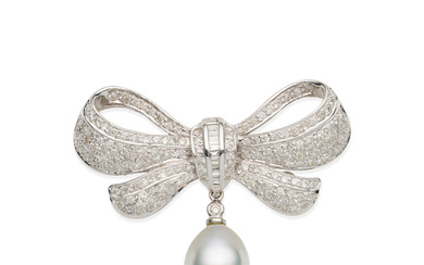 DIAMOND AND CULTURED PEARL BOW BROOCH