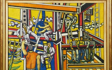 D'après Fernand LÉGER (1881-1955). Les Constructeurs. Huile sur toile signée en bas à gauche, titrée...