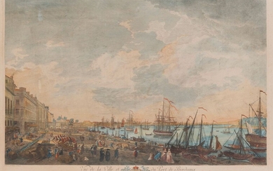 D'après Joseph VERNET (1714-1789) Vue de la ville et du Port de Bordeaux Gravure couleurs....