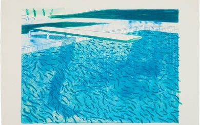 David Hockney Lithograph of Water Made of Thick and Thin Lines, a Green Wash, a Light Blue Wash, and a Dark Blue Wash