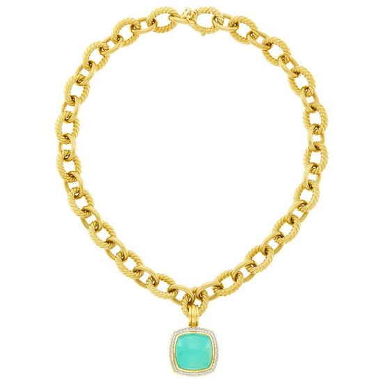 David Yurman Gold Chain Necklace with Green Chrysoprase