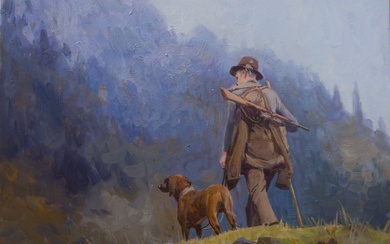 Demenko Anatoly (XXI) - Mountain Hunt. Hunter with dog