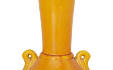 Designer Unknown, Art pottery vase with twin handles, circa 1880, Yellow glazed earthenware, Underside with indistinct makers stamp and impressed 'JAPAN', 24cm high
