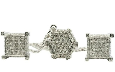 Diamond Earrings Necklace Pendant Set 14K White Gold