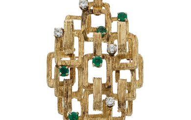 Diamond, Emerald, Gold Brooch Stones: Full-cut diamonds weighing a...