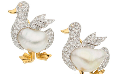Diamond, Freshwater Cultured Pearl, Gold Brooches The duck brooches...