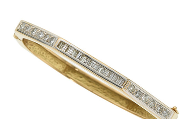 Diamond, Gold Bracelet The hinged bangle features baguette-cut diamonds...