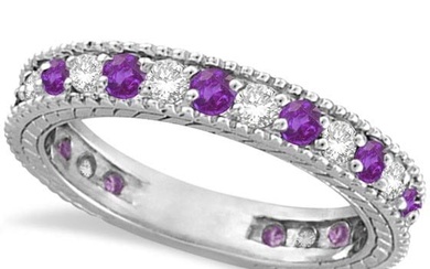 Diamond and Amethyst Eternity Ring Band 14k White Gold 1.08ctw