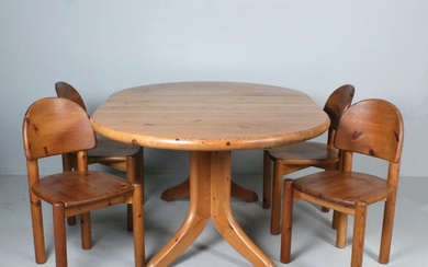 Dining table set - expandable dining table with four chairs, pine wood, Denmark, 1970s.