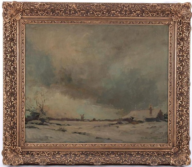 Dutch winter landscape with farm and windmill, canvas