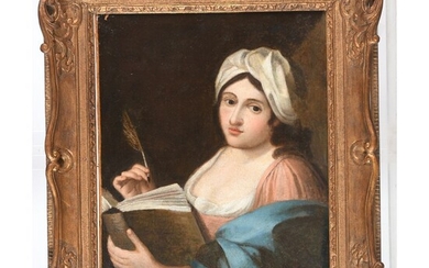 ÉCOLE FRANCAISE du XVIIIè. « Portrait d’une femme tenant une plume et un livre »....