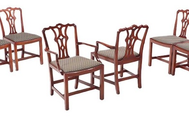 EIGHT SOLID MAHOGANY CHIPPENDALE STYLE DINING ROOM CHAIRS C 1940.
