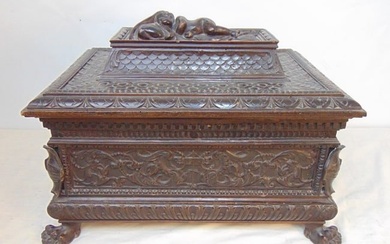 Early 19th Century Italian carved miniature cassone, extensively carved exterior, with claw feet