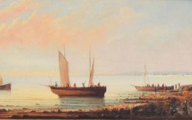 Ecole Française du XIXe siècle " Trois bateaux de pêcheurs " Huile sur panneau. 19...