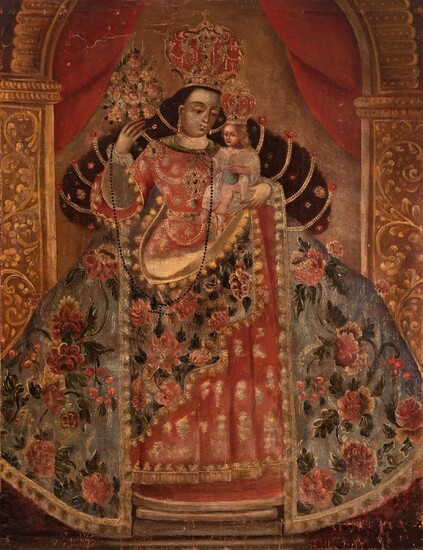Ecole Novo-Hispanique ; 17ème siècle. "Vierge à l'enfant".Huile sur toile. Préserve sa toile originale.Elle présente...