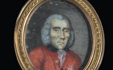 École du XVIIIème siècle. Portrait d’homme en habit rouge à col noir. Miniature ovale sur...
