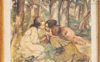 Ecole française du XIX ème, dans le goût de Renoir Trois fillettes dans un sous-bois