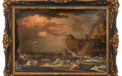 Ecole française du XIXème siècle, suiveur d'Adrien MANGLARD (1695-1760). Scène de naufrage. Huile sur toile....