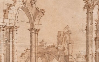 Ecole française du XVIIIe siècle Paysage de ruines à l’arche gothique Encre et lavis d’encre...