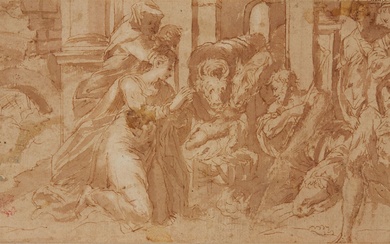 École italienne du XVIème siècle d'après Jacopo Bertoja L'adoration des bergers Plume et encre brune,...