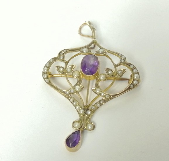 Edwardian gold pendant of Art Nouveau style with amethyst an...