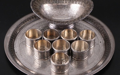 Egyptian 900 Silver Tray with Silver Plate Ellis-Barker Bowl and Napkin Rings