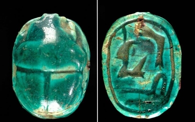 Egyptian Glazed Steatite Scarab Amulet w/ Inscription