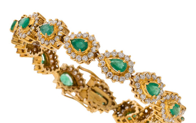 Emerald, Diamond, Gold Bracelet The bracelet features pear-shaped emeralds...