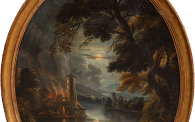 Entourage de Pieter MULIER II dit CAVALIERE TEMPESTA (c.1637-1701) Forteresse en feu. Huile sur toile...
